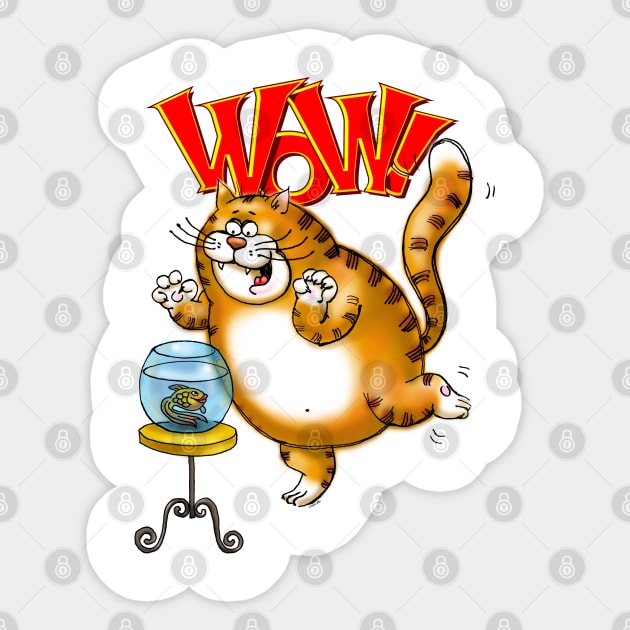 Wow! Fish Bowl! Excited Cat Sticker by ROSHARTWORK